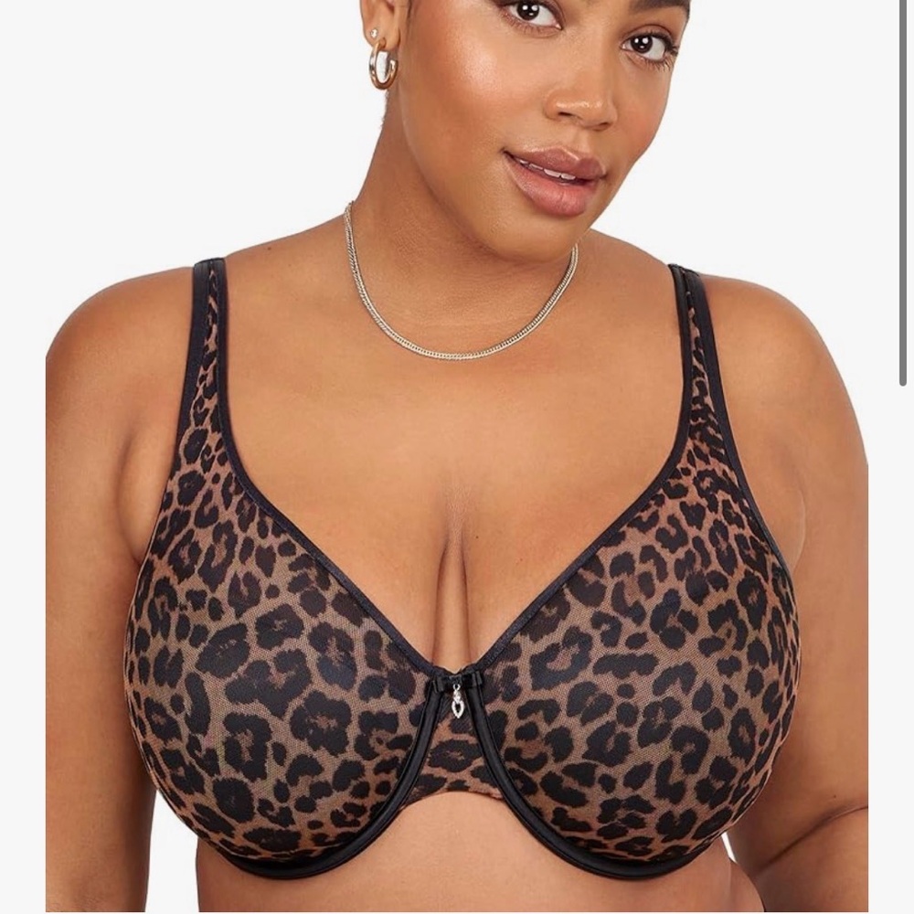 Curvy Couture womens Sheer Mesh Plunge T-shirt Bra Leopard